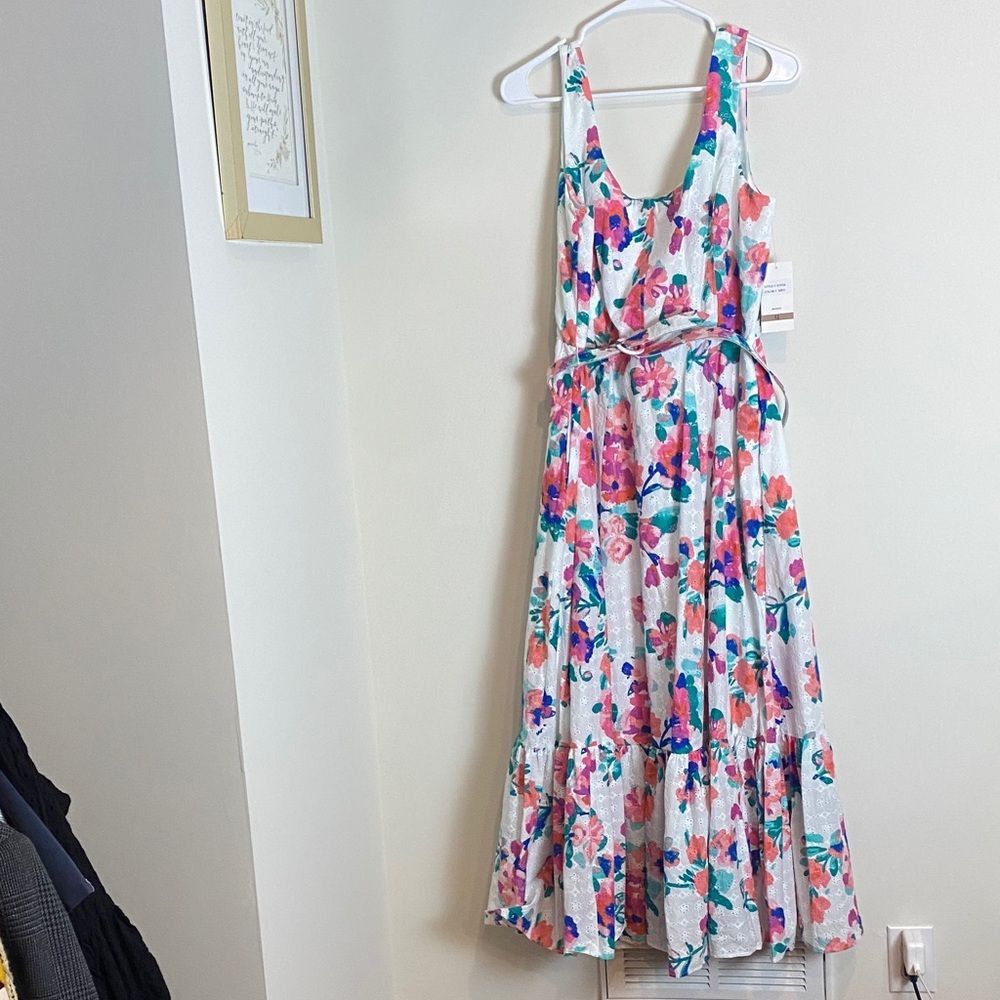NWT TAYLOR Belted Scoop Neck Dress White Floral Ruffle Skirt Misty Rose Size 12 - Picture 3 of 13